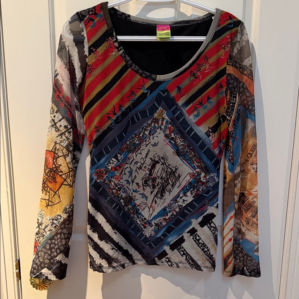 Save The Queen sz L Y2K Red Blue Graphic Skier Motif lined top sheer sleeves
